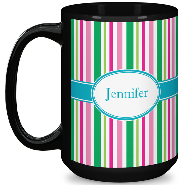 Custom Grosgrain Stripe 15 Oz Coffee Mug - Black (Personalized)