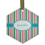 Grosgrain Stripe Flat Glass Ornament - Hexagon w/ Name or Text