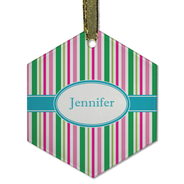 Custom Grosgrain Stripe Flat Glass Ornament - Hexagon w/ Name or Text