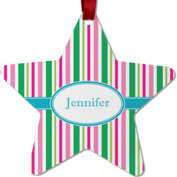 Grosgrain Stripe Metal Star Ornament - Double Sided w/ Name or Text