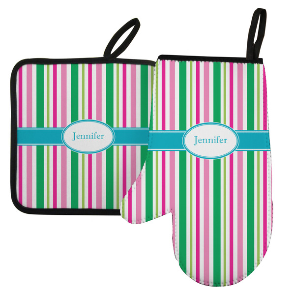 Custom Grosgrain Stripe Left Oven Mitt & Pot Holder Set w/ Name or Text