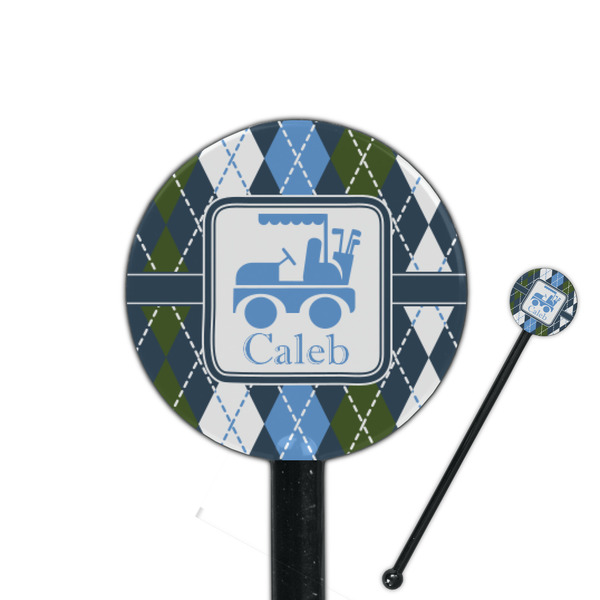 Custom Blue Argyle 5.5" Round Plastic Stir Sticks - Black - Double Sided (Personalized)