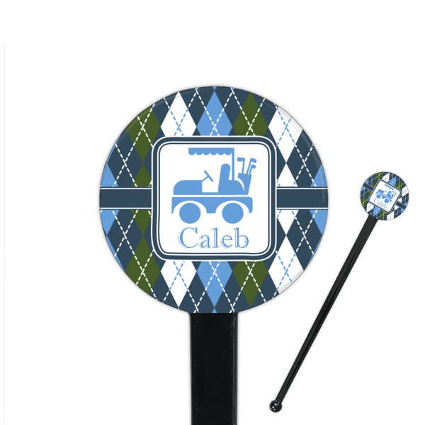 Custom Blue Argyle 7" Round Plastic Stir Sticks - Black - Double Sided (Personalized)