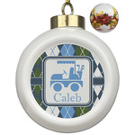 Blue Argyle Ceramic Ball Ornaments - Poinsettia Garland (Personalized)