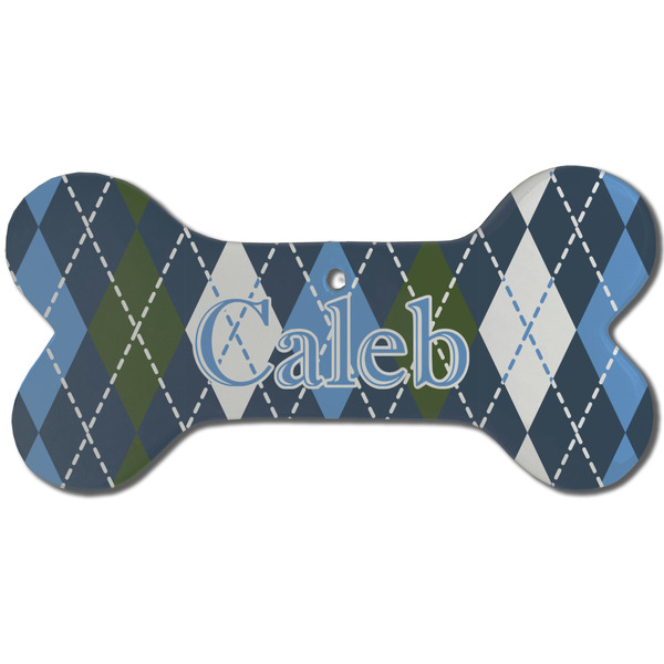 Custom Blue Argyle Ceramic Dog Ornament - Front w/ Name or Text