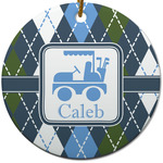 Blue Argyle Round Ceramic Ornament w/ Name or Text