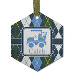 Blue Argyle Flat Glass Ornament - Hexagon w/ Name or Text