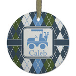 Blue Argyle Flat Glass Ornament - Round w/ Name or Text