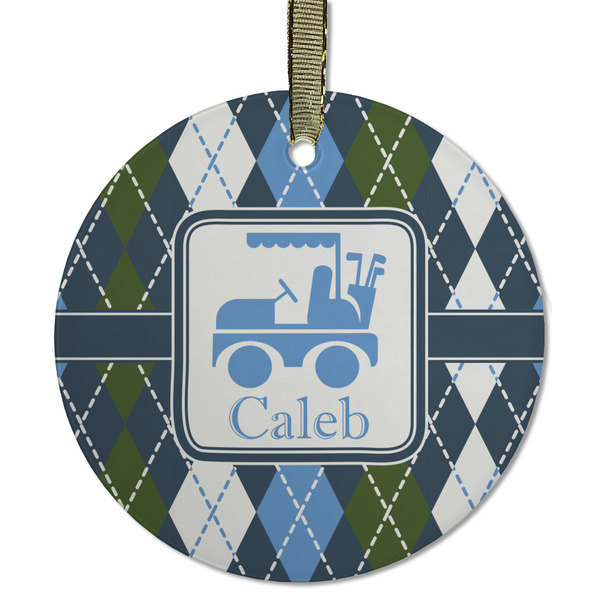 Custom Blue Argyle Flat Glass Ornament - Round w/ Name or Text