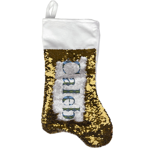 Custom Blue Argyle Reversible Sequin Stocking - Gold (Personalized)