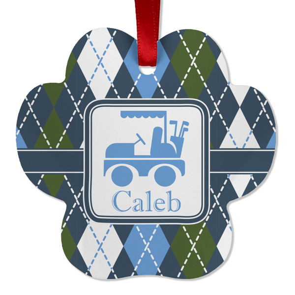 Custom Blue Argyle Metal Paw Ornament - Double Sided w/ Name or Text