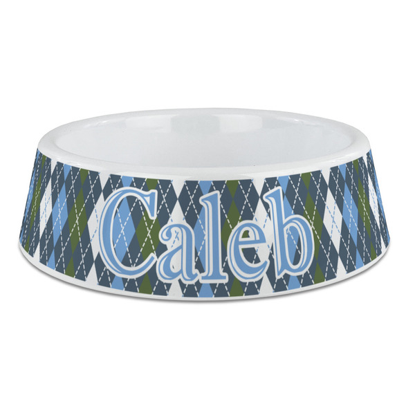 Custom Blue Argyle Plastic Dog Bowl - Large (Personalized)