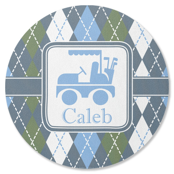 Custom Blue Argyle Round Rubber Backed Coaster (Personalized)