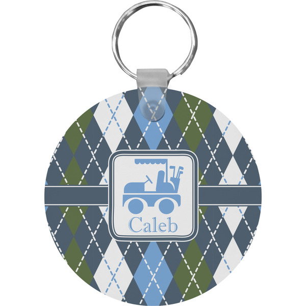 Custom Blue Argyle Round Plastic Keychain (Personalized)