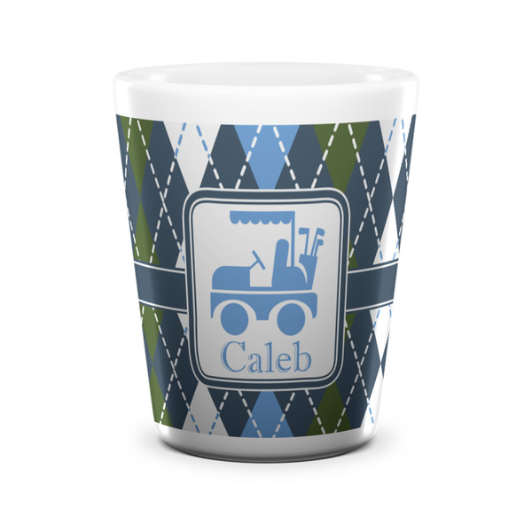 Custom Blue Argyle Ceramic Shot Glass - 1.5 oz - White - Set of 4 (Personalized)