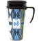 Blue Argyle Travel Mug with Black Handle - Front