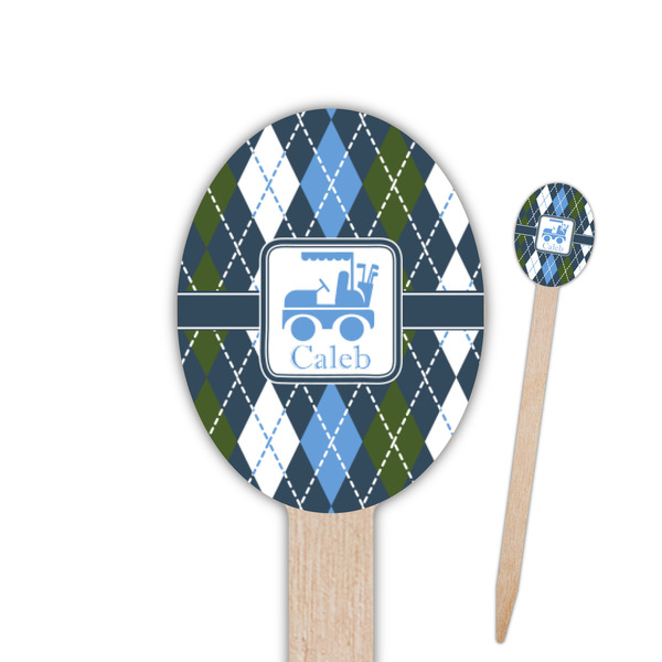 Custom Blue Argyle Oval Wooden Food Picks - Single Sided (Personalized)