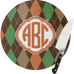 Brown Argyle Round Glass Cutting Board - Small (Personalized)