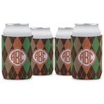 Brown Argyle Can Cooler (12 oz) - Set of 4 w/ Monogram