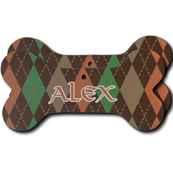 Custom Brown Argyle Ceramic Dog Ornament - Front & Back w/ Monogram