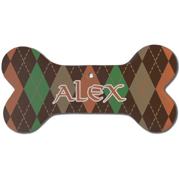 Custom Brown Argyle Ceramic Dog Ornament - Front w/ Monogram