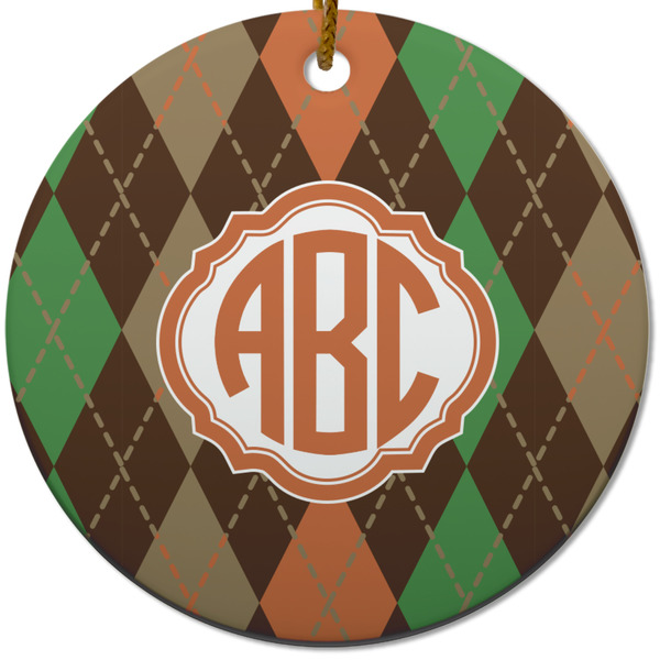 Custom Brown Argyle Round Ceramic Ornament w/ Monogram