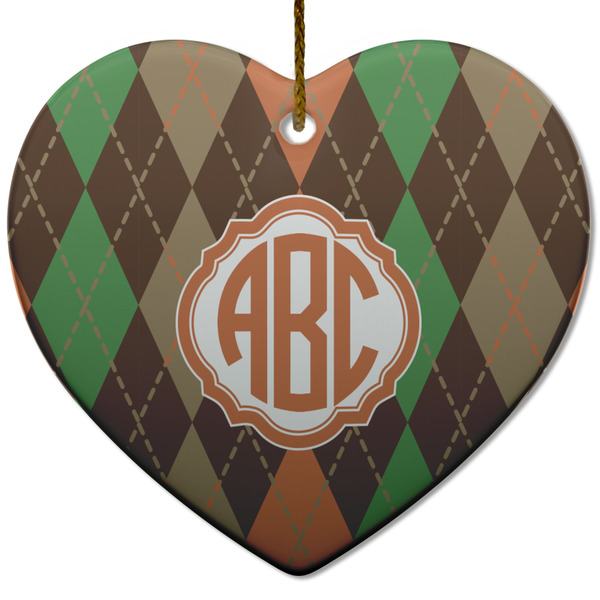 Custom Brown Argyle Heart Ceramic Ornament w/ Monogram