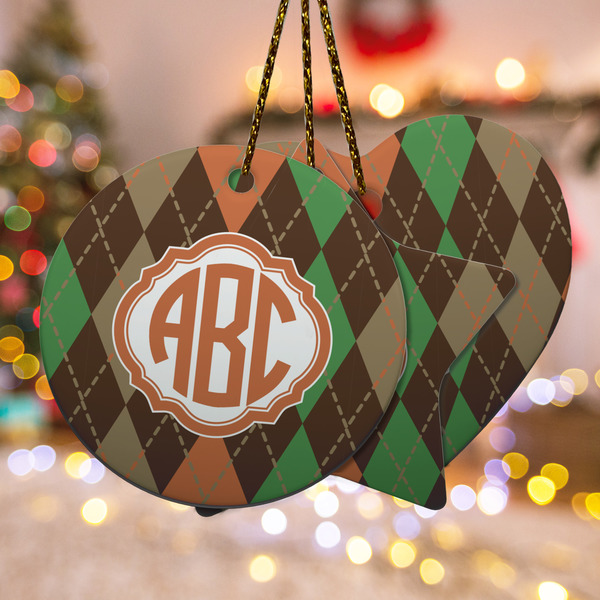 Custom Brown Argyle Ceramic Ornament w/ Monogram