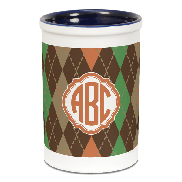 Custom Brown Argyle Ceramic Pencil Holders - Blue