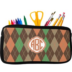 Brown Argyle Neoprene Pencil Case - Small w/ Monogram