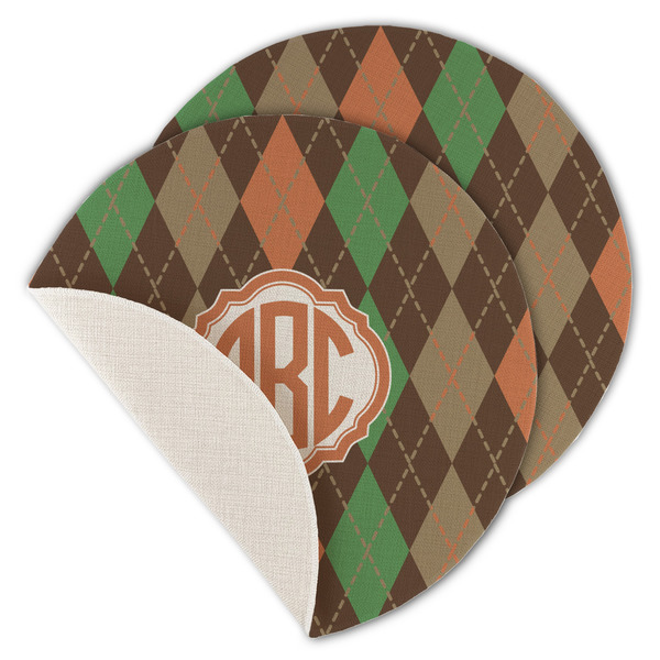 Custom Brown Argyle Round Linen Placemat - Single Sided - Set of 4 (Personalized)