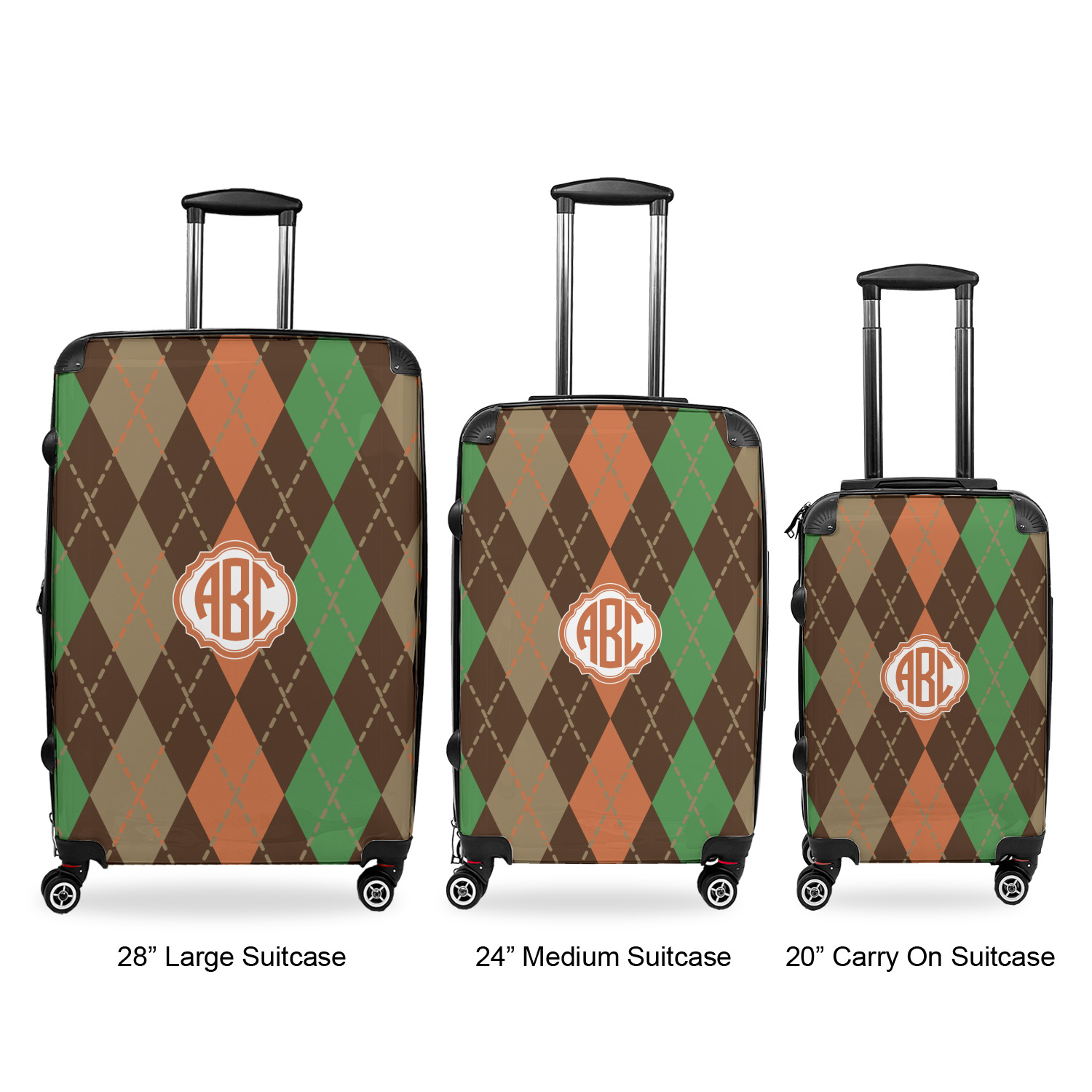 Custom Brown Argyle 3 Piece Luggage Set - 20 Carry On, 24 Medium Checked,  28 Large Checked (Personalized)