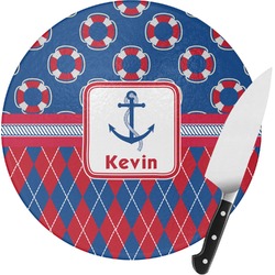Buoy & Argyle Print Round Glass Cutting Board - Small (Personalized)
