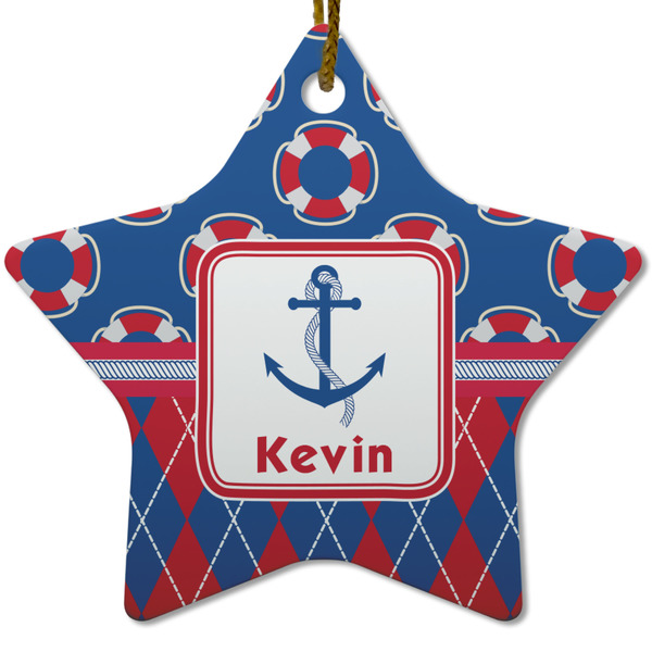 Custom Buoy & Argyle Print Star Ceramic Ornament w/ Name or Text