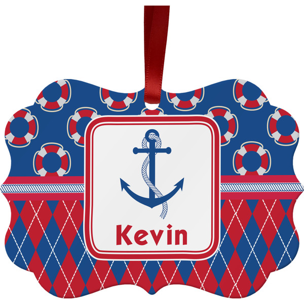 Custom Buoy & Argyle Print Metal Frame Ornament - Double Sided w/ Name or Text