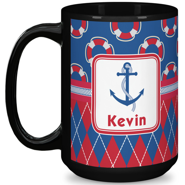 Custom Buoy & Argyle Print 15 Oz Coffee Mug - Black (Personalized)