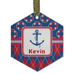 Buoy & Argyle Print Flat Glass Ornament - Hexagon w/ Name or Text