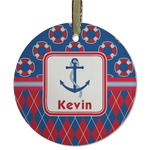 Buoy & Argyle Print Flat Glass Ornament - Round w/ Name or Text