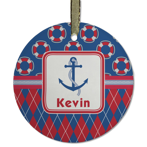 Custom Buoy & Argyle Print Flat Glass Ornament - Round w/ Name or Text