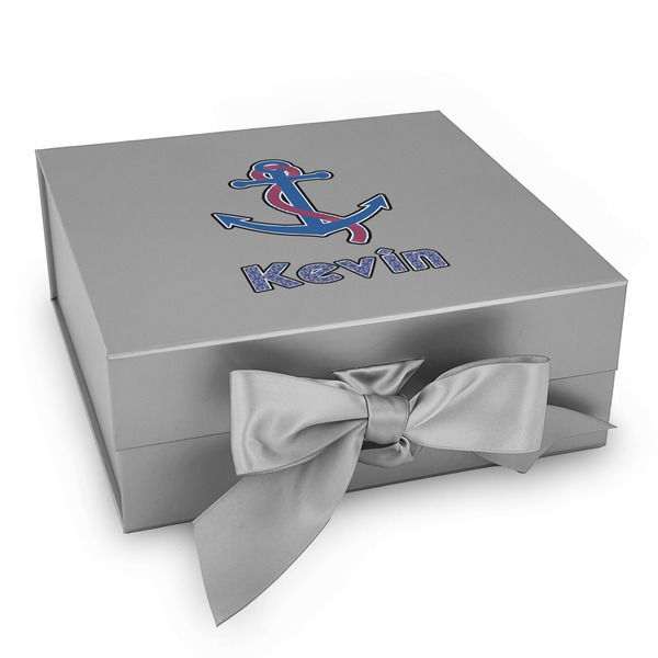 Custom Buoy & Argyle Print Gift Box with Magnetic Lid - Silver (Personalized)