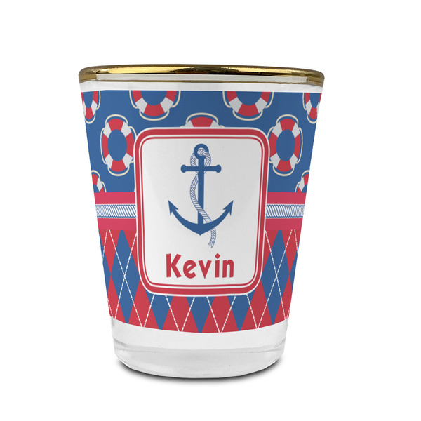 Custom Buoy & Argyle Print Glass Shot Glass - 1.5 oz - with Gold Rim - Single (Personalized)