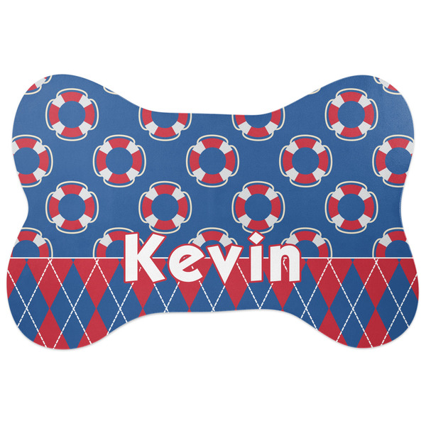 Custom Buoy & Argyle Print Bone Shaped Dog Food Mat (Personalized)