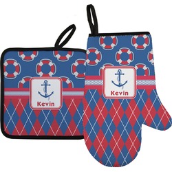 Buoy & Argyle Print Right Oven Mitt & Pot Holder Set w/ Name or Text