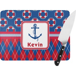 Buoy & Argyle Print Rectangular Glass Cutting Board - Large - 15.25"x11.25" w/ Name or Text