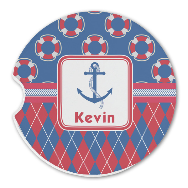 Custom Buoy & Argyle Print Sandstone Car Coaster - Single (Personalized)