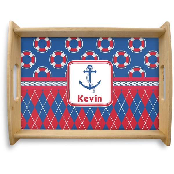 Custom Buoy & Argyle Print Natural Wooden Tray - Large (Personalized)