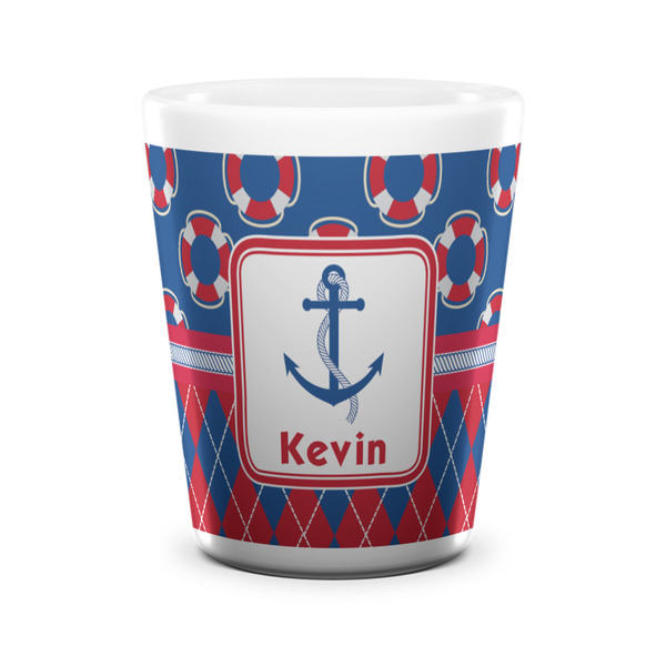 Custom Buoy & Argyle Print Ceramic Shot Glass - 1.5 oz - White - Single (Personalized)