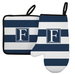 Horizontal Stripe Left Oven Mitt & Pot Holder Set w/ Initial