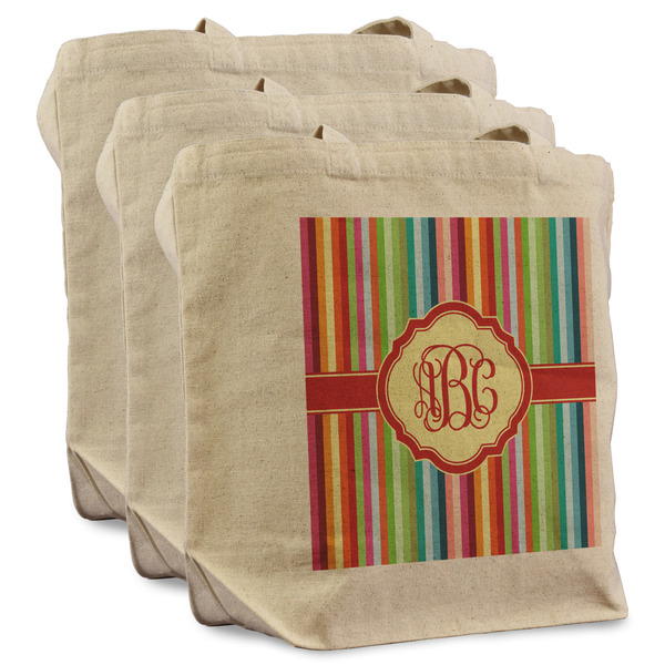 Custom Retro Vertical Stripes Reusable Cotton Grocery Bags - Set of 3 (Personalized)