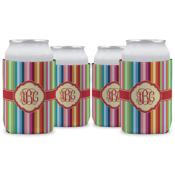 Custom Retro Vertical Stripes Can Cooler (12 oz) - Set of 4 w/ Monogram